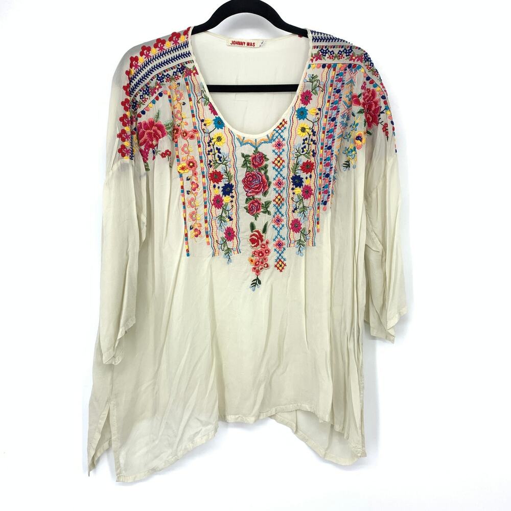 Johnny Was Ivory Floral Embroidered Tunic Womens M Boho 3/4 Sleeve Handkerchief